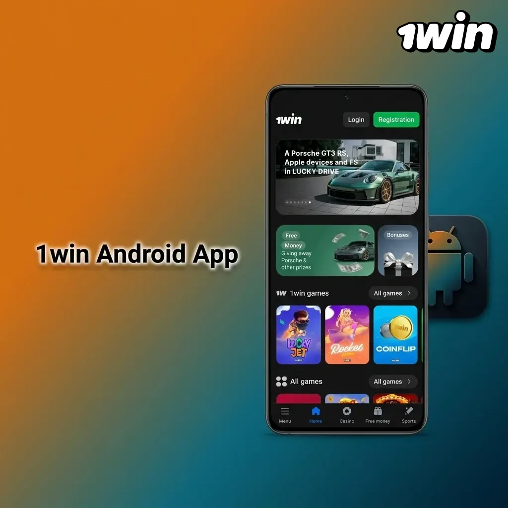 1win Android app interface showing mobile betting and casino games on an Android device