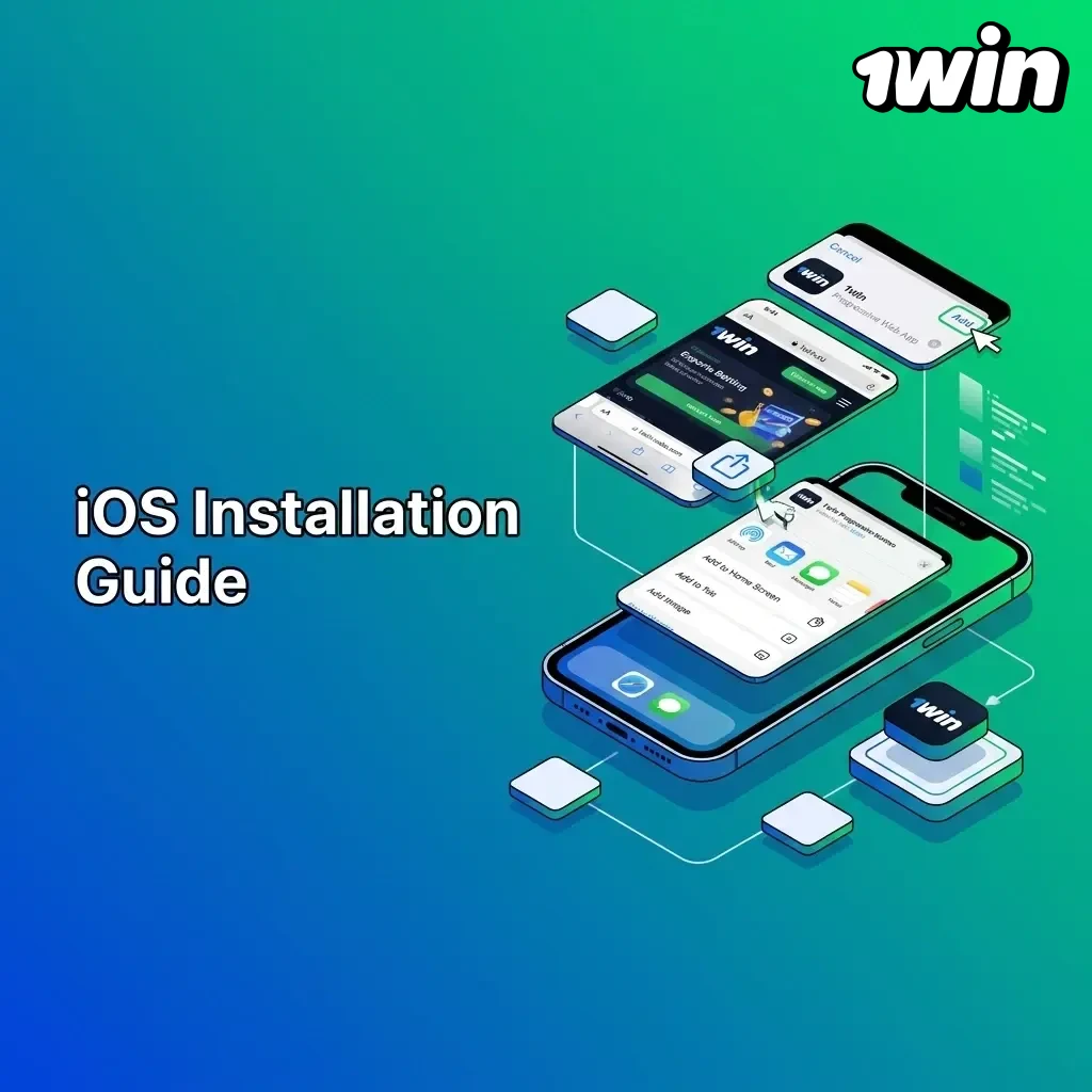 1win iOS PWA installation guide showing Safari share menu steps to add the platform to iPhone home screen