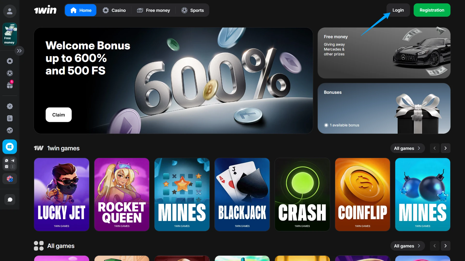 Press the login button for 1win Canada sports betting and online casino.