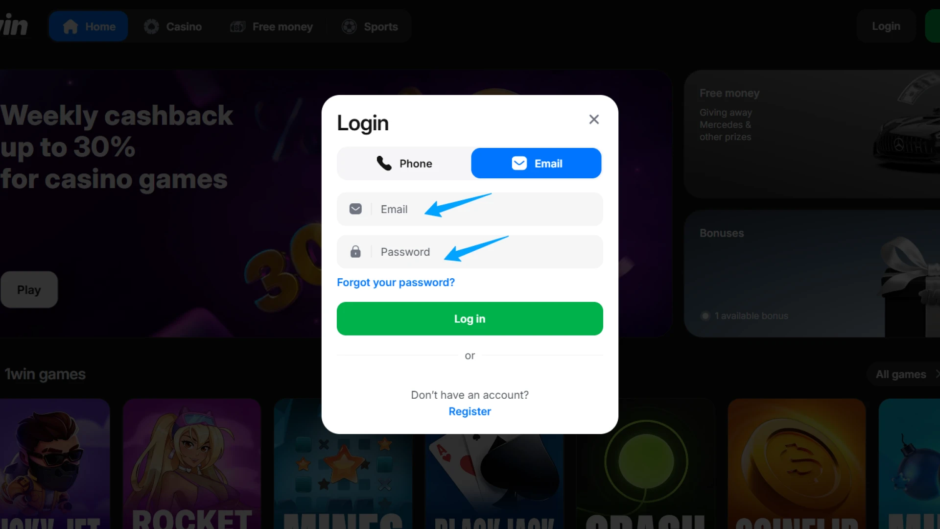 Input your login details for 1win Canada sports betting and online casino.