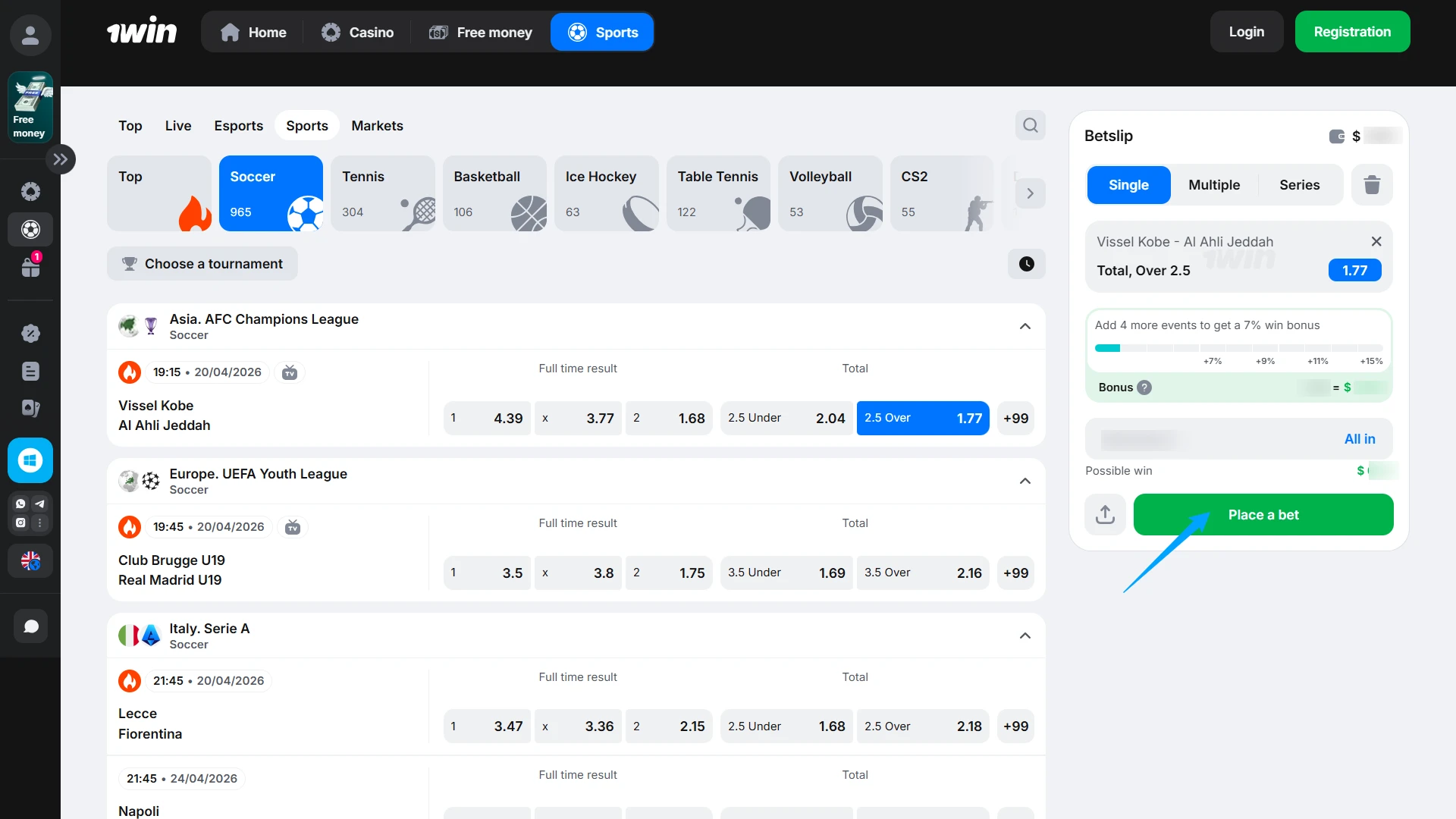 Activate your 1win sports betting slip while playing at online casino.