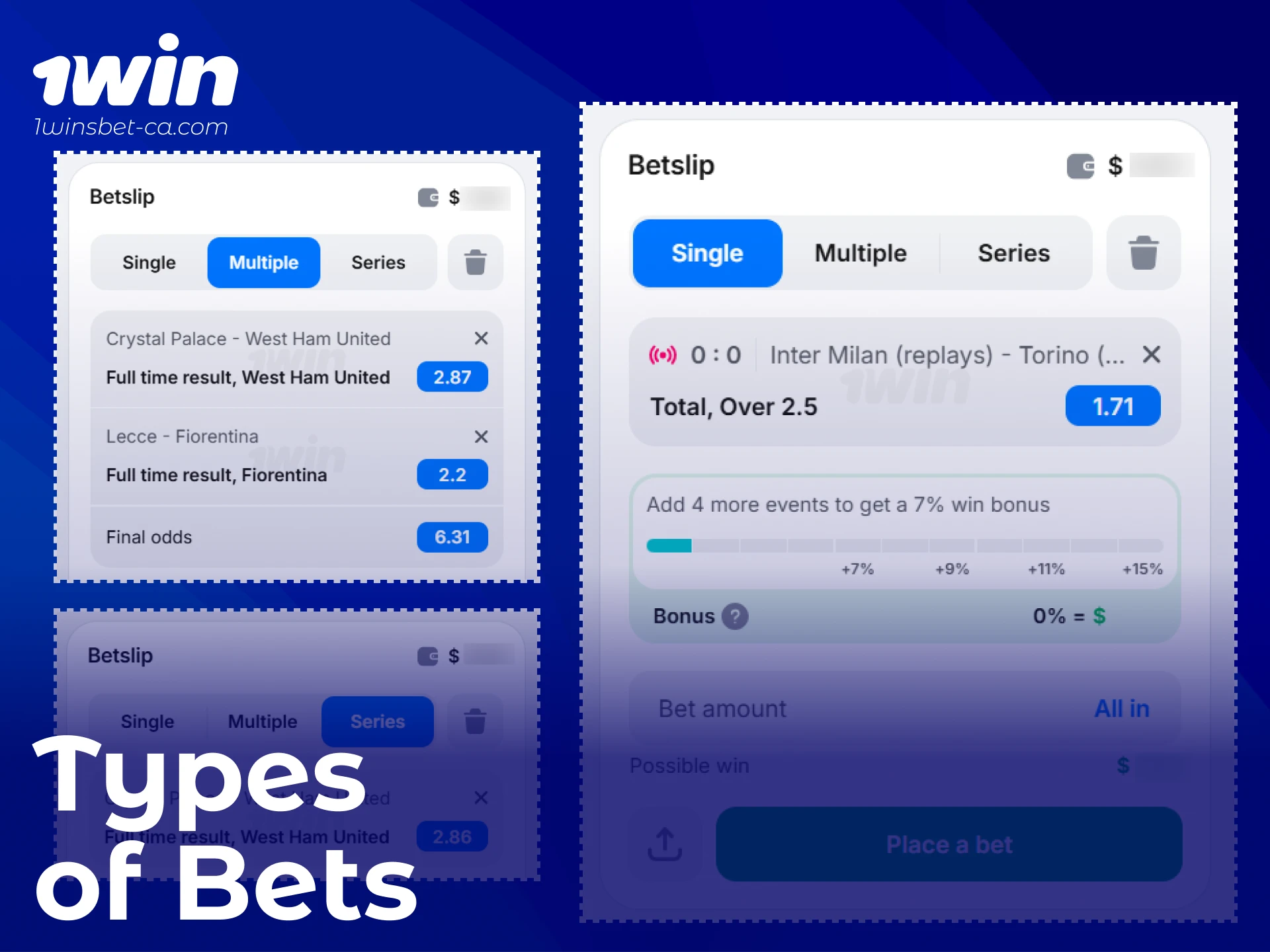 Select various sports betting types and online casino games at 1win now.