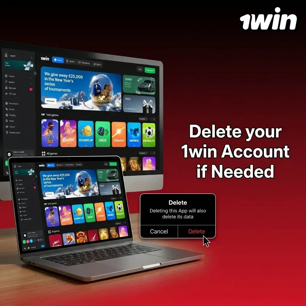 1win account deletion steps showing settings navigation, support contact options, and identity confirmation process